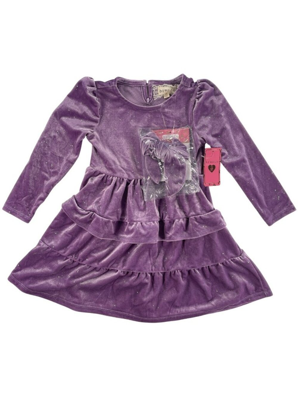 Btween Velvet Dress Purple Long-Sleeve Glitter & Matching Bow Headband Size 3T
